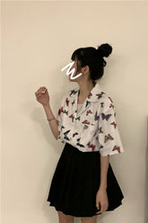 Vintage Butterfly Printed Short Sleeve Blouse Shirt